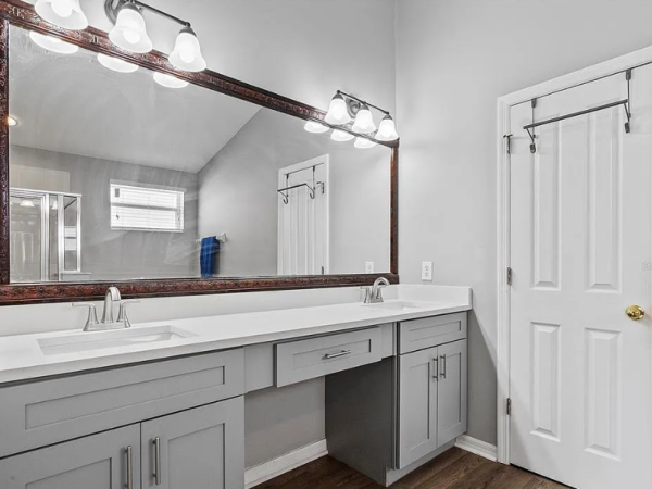 Bathroom Painting - Concord NC - Gray with White Trim - Color World Painting Charlotte