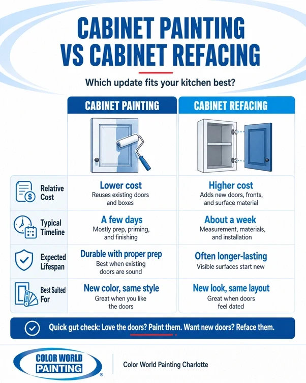 Infographic comparing cabinet painting vs cabinet refacing cost and timeline, Color World Painting Charlotte