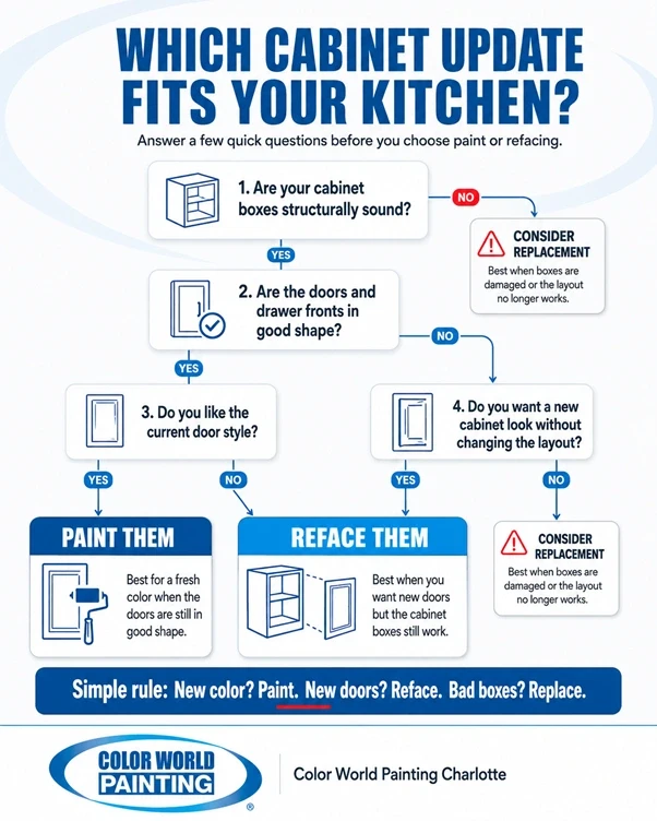 Color World Painting Charlotte's Flowchart guide to choosing kitchen cabinet paint or refacing