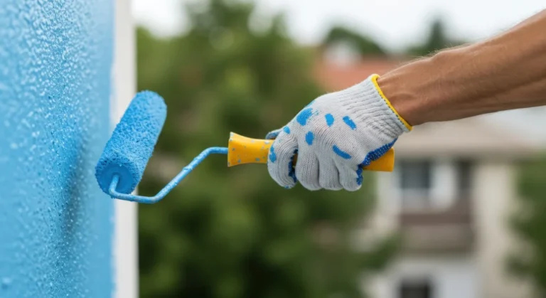A professional painter from Color World Painting using a roller to paint a residential house in Charlotte
