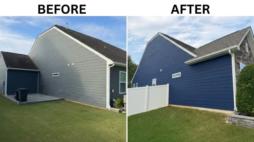 Before and after exterior house painting project in Denver by Color World Painting showing transformation from faded light grey siding to dark navy blue siding
