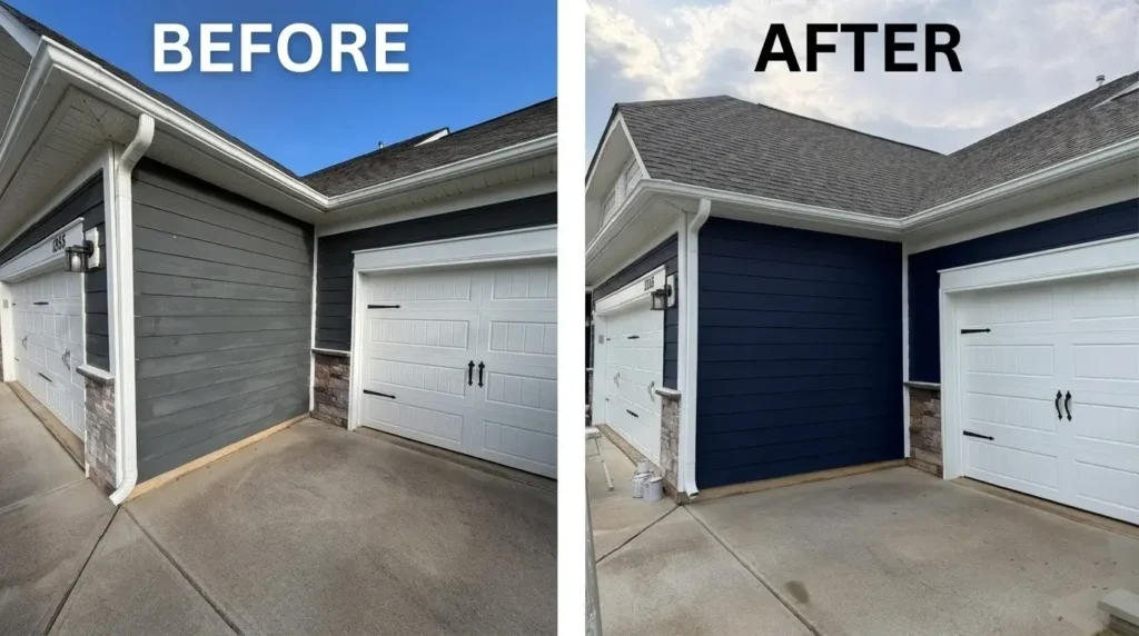 Before and after garage exterior painting in Denver by Color World Painting from light grey to dark navy blue door