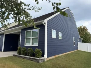 Dark navy blue exterior painting of a Denver home by Color World Painting featuring horizontal siding and white trim